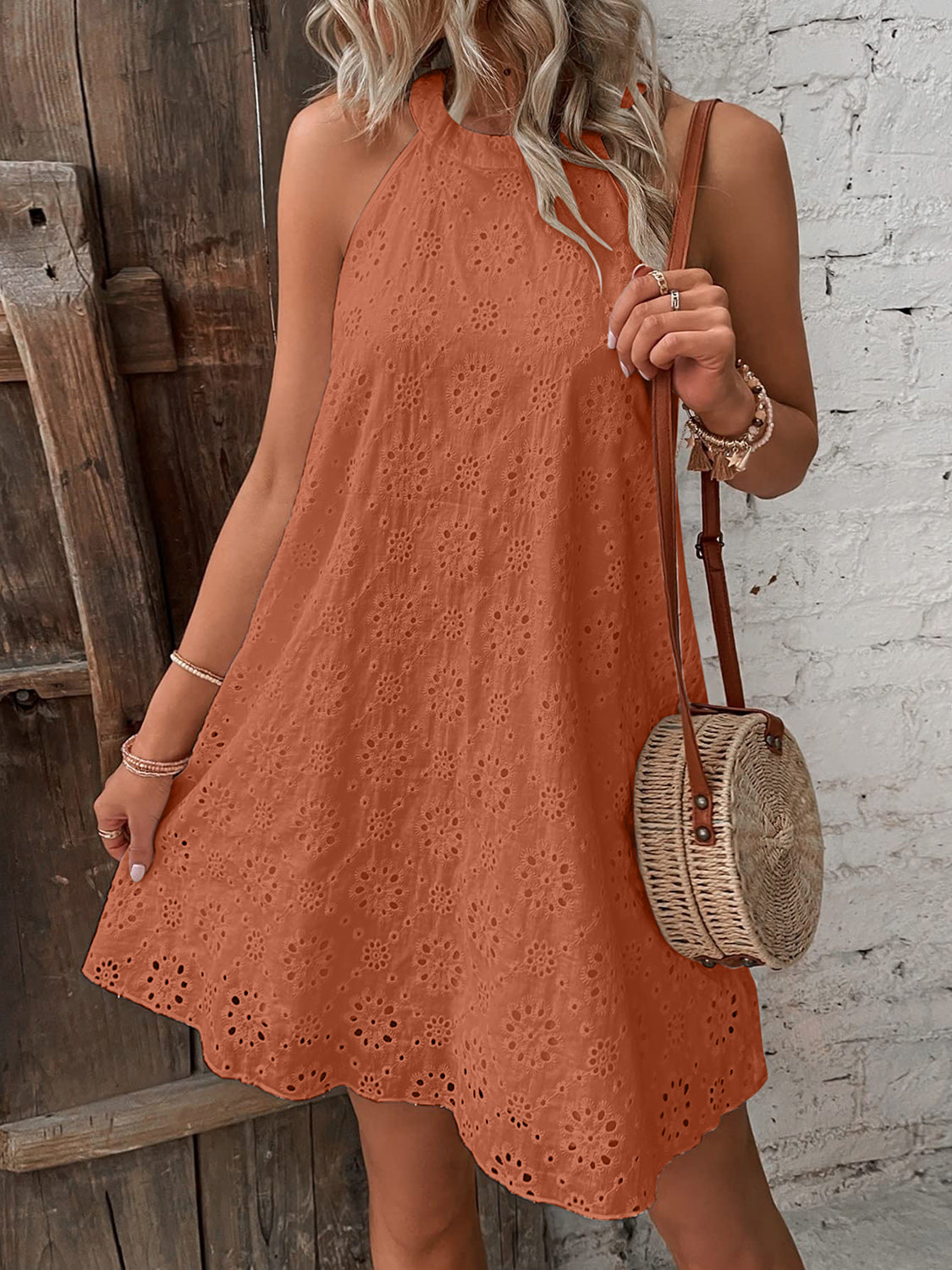 Eyelet Grecian Neck Mini Dress - Caramel / S