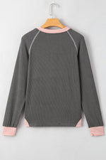 Textured Contrast Stitching Raglan Sleeve Top - Amexza