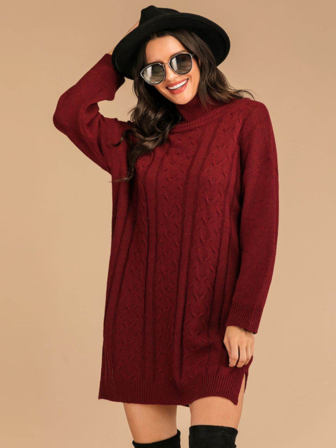 Perfee Slit Turtleneck Long Sleeve Mini Sweater Dress - Amexza