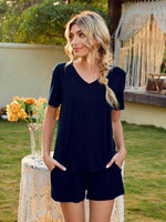 V-Neck Short Sleeve Top and Pocketed Shorts Lounge Set Dark Blue for a perfect OOTD – dress to impress outfits from Amexza