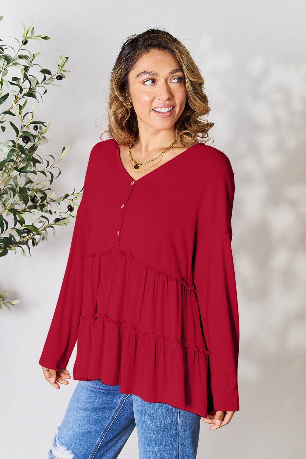 Double Take Half Button Long Sleeve Ruffle Hem Blouse Burgundy for a perfect OOTD – dress to impress outfits from Amexza