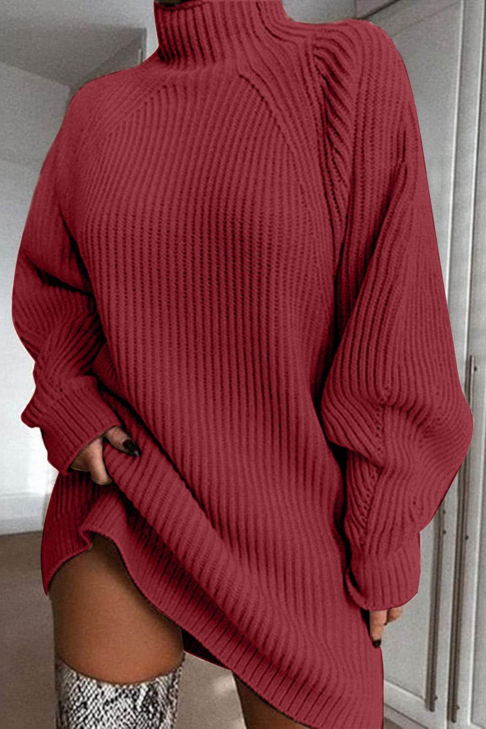 Mock Neck Dropped Shoulder Sweater Dress Deep Red for a perfect OOTD – dress to impress outfits from Amexza