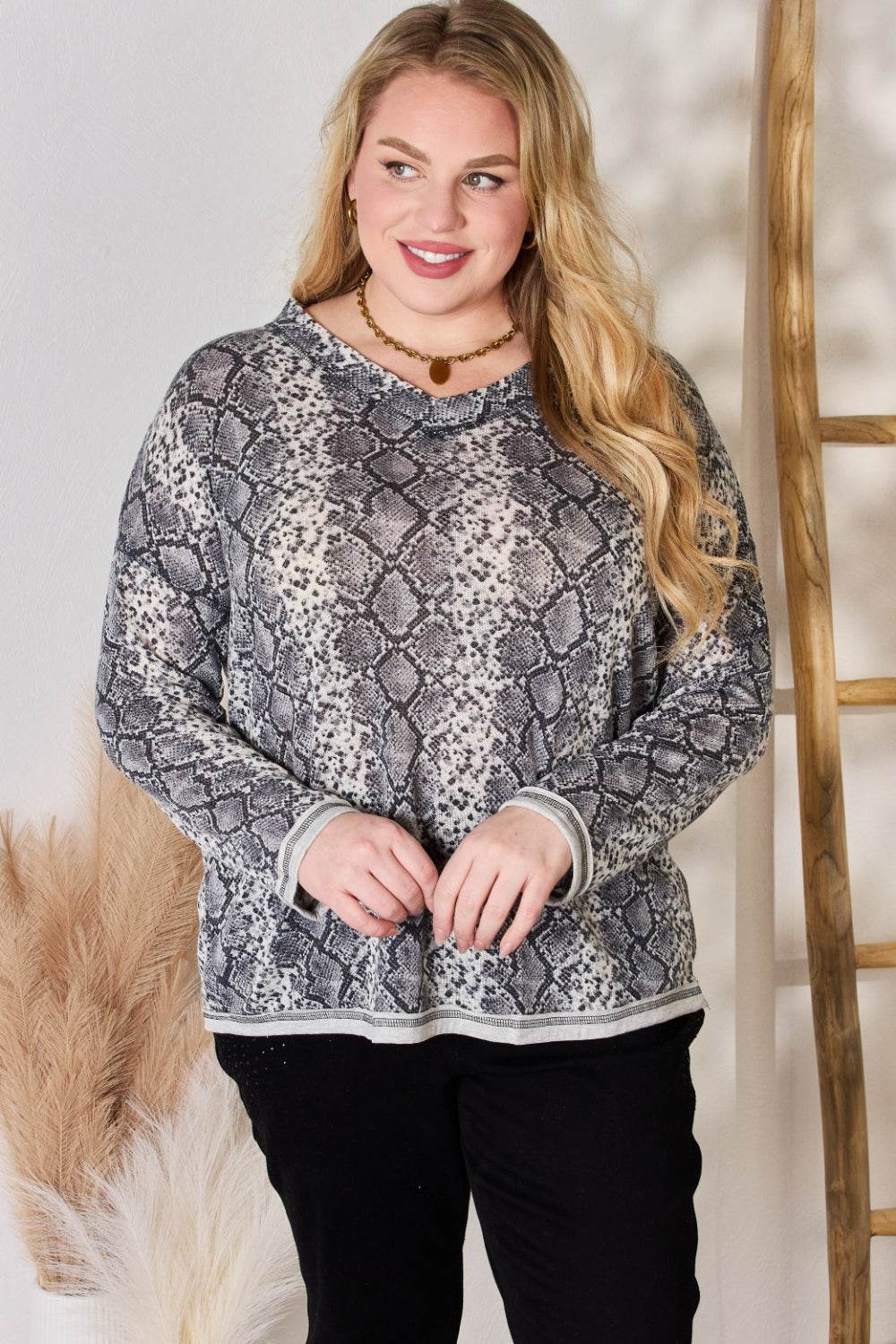 Hailey & Co Full Size Snakeskin V-Neck Long Sleeve Top GREY for a perfect OOTD – dress to impress outfits from Amexza