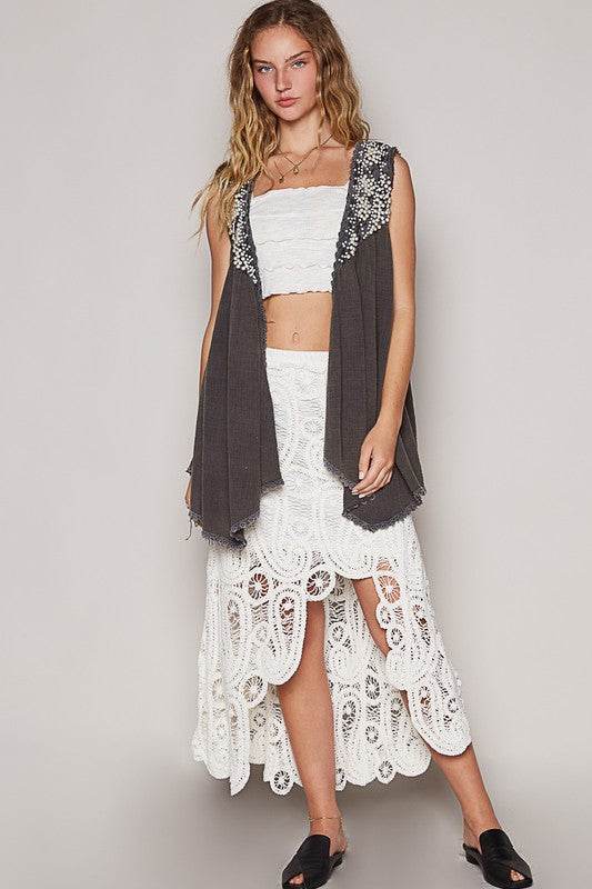 POL Embroidered Pearls Open Front Sleeveless Cardigan for a perfect OOTD – dress to impress outfits from Amexza