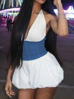 Halter Deep V-Neck Color Block Mini Dress