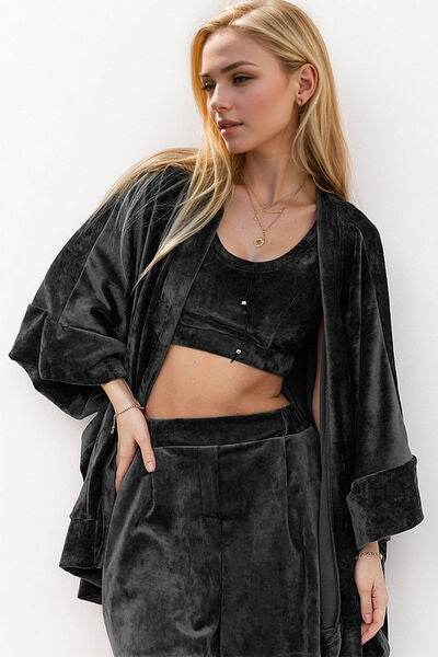 Basic Bae Buttery-Soft Bra, Open Front Cardigan and Shorts Set - Amexza