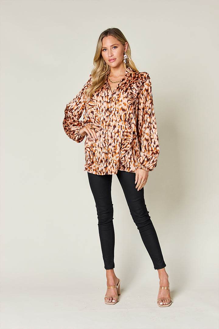 Double Take Full Size Printed Ruffle Trim Balloon Sleeve Shirt for a perfect OOTD – dress to impress outfits from Amexza