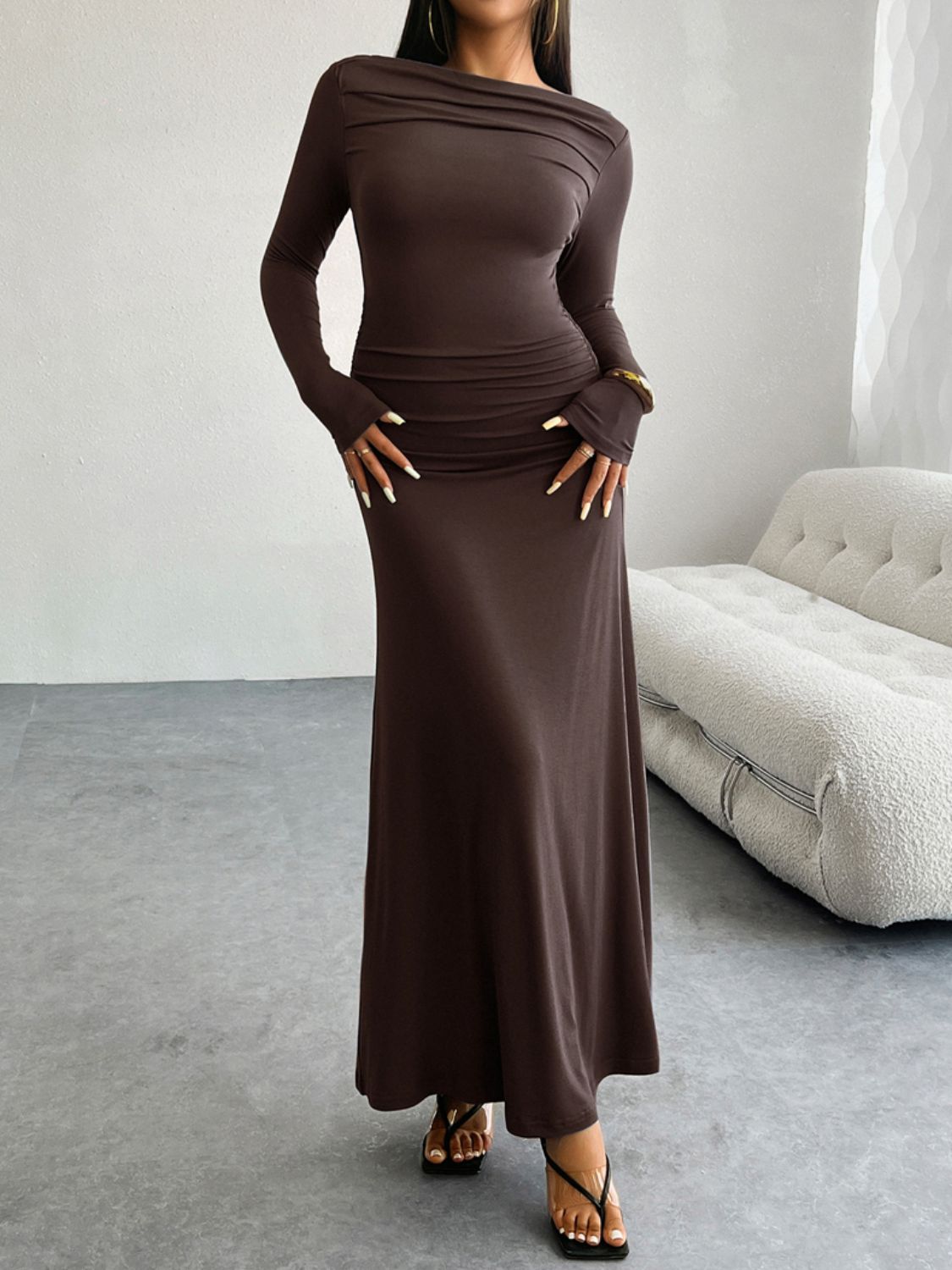 Devine Ruched Long Sleeve Maxi Dress - Coffee Brown / S