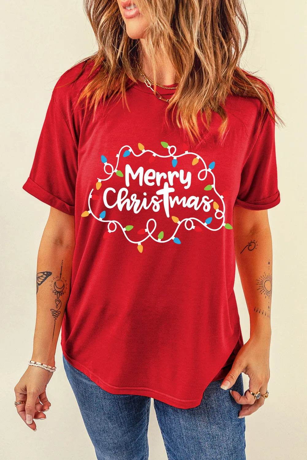 MERRY CHRISTMAS Round Neck Short Sleeve T-Shirt Deep Red for a perfect OOTD – dress to impress outfits from Amexza