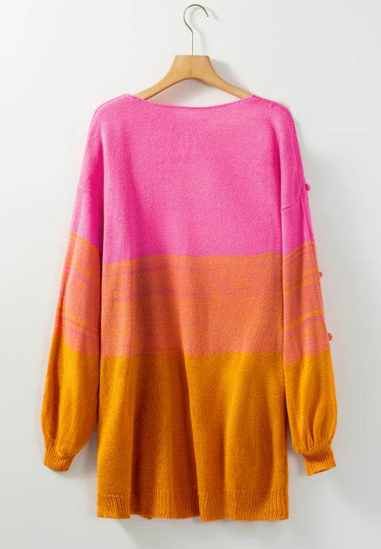 Pompom Color Block Open Front Cardigan for a perfect OOTD – dress to impress outfits from Amexza