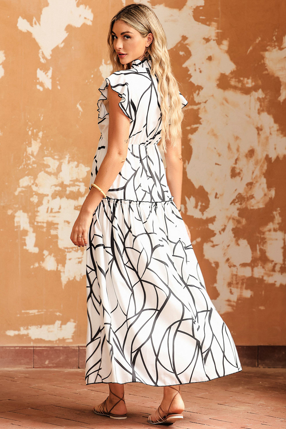 Ruffled Printed Surplice Cap Sleeve Dress