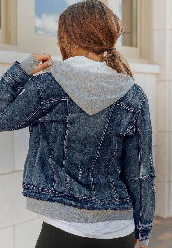 Fake Two-Piece Hooded Zip-Up Denim Jacket for a perfect OOTD – dress to impress outfits from Amexza