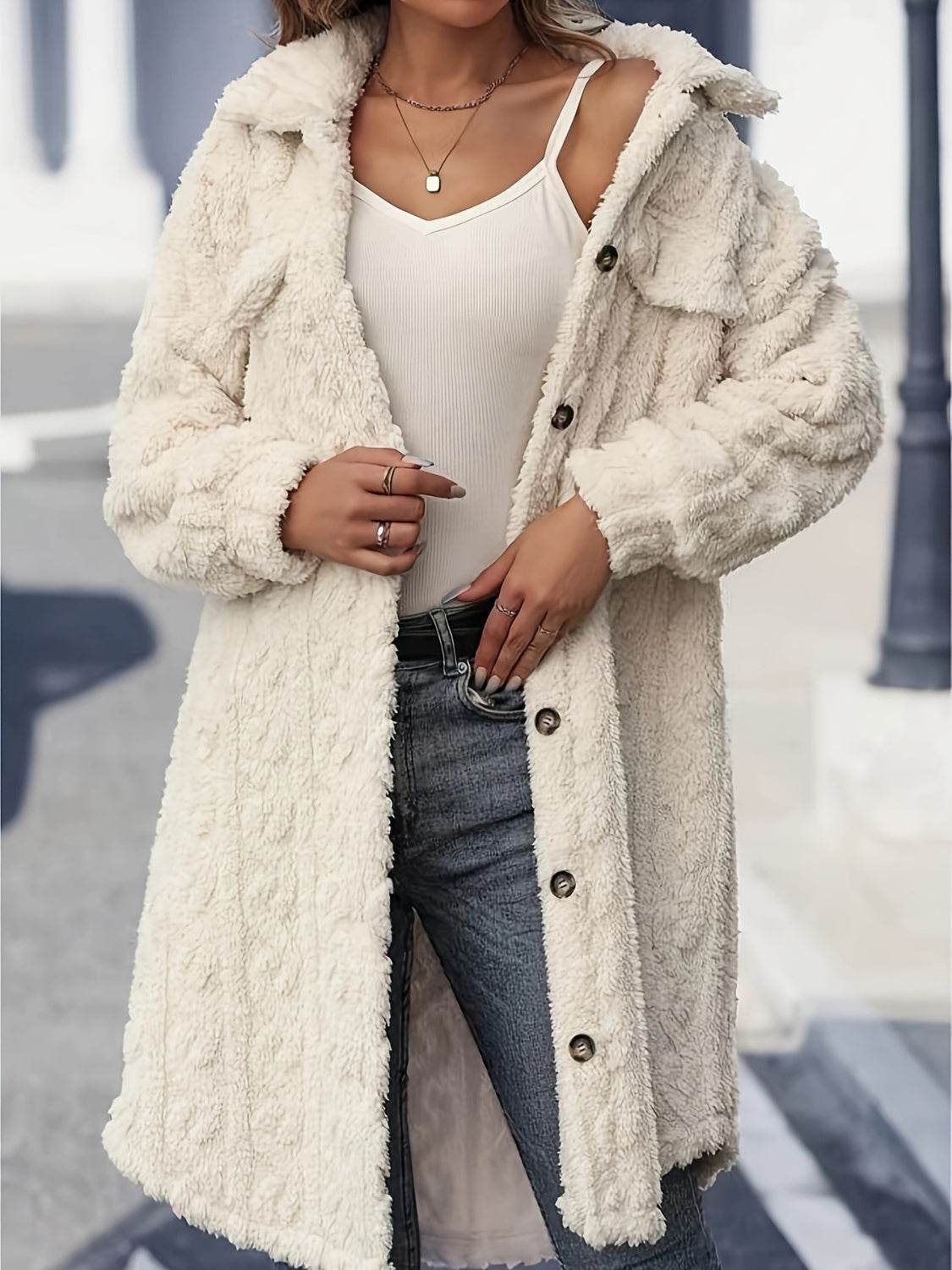 Fuzzy Button Up Long Sleeve Longline Coat for a perfect OOTD – dress to impress outfits from Amexza