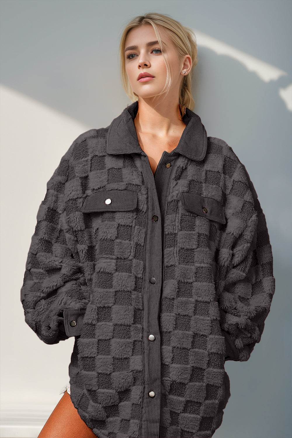 Double Take Button Up Fuzzy Checkered Shacket Black for a perfect OOTD – dress to impress outfits from Amexza