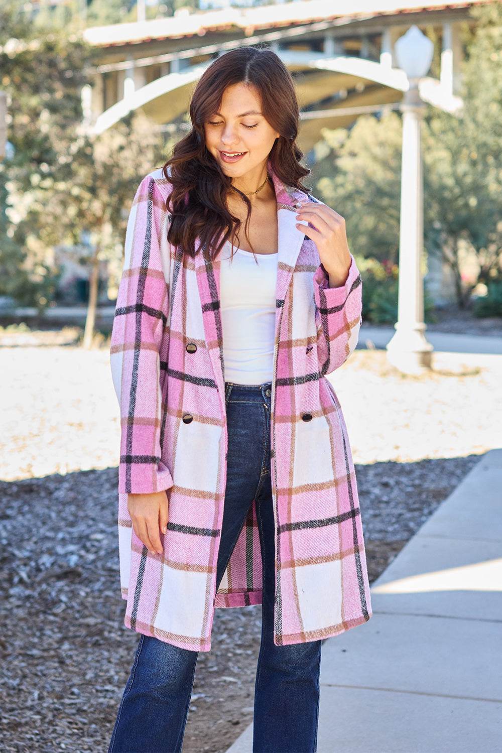 Double Take Full Size Plaid Button Up Lapel Collar Coat Carnation Pink for a perfect OOTD – dress to impress outfits from Amexza