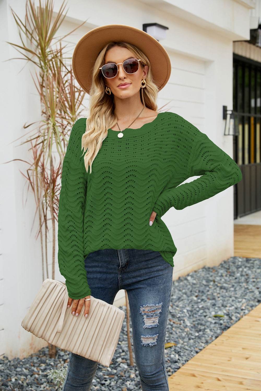 Woven Right Scalloped Boat Neck Openwork Tunic Sweater Green for a perfect OOTD – dress to impress outfits from Amexza