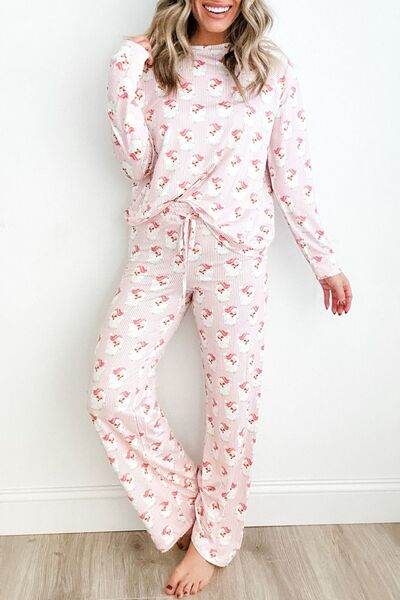 Santa Print Long Sleeve Top and Pants Lounge Set Blush Pink for a perfect OOTD – dress to impress outfits from Amexza