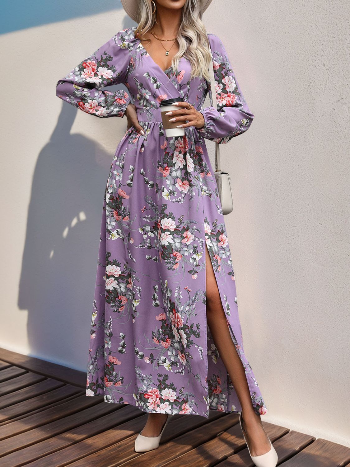 Perfee Slit Printed Surplice Long Sleeve Maxi Dress - Lavender / S