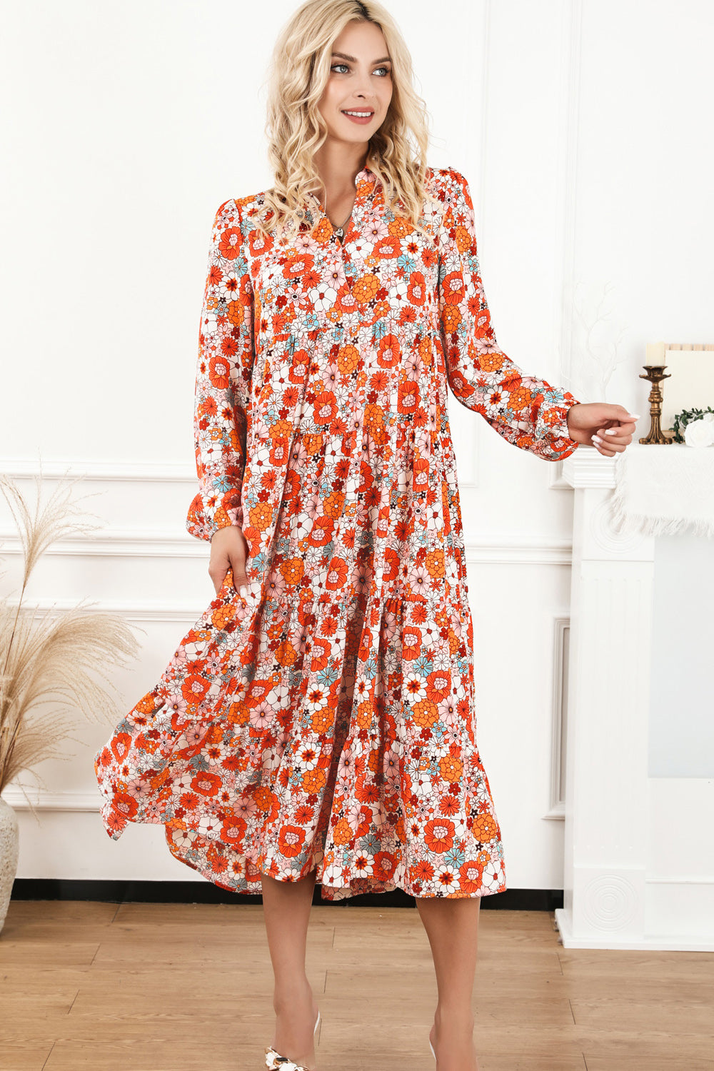 Floral Notched Neck Long Sleeve Dress - Multicolor / S