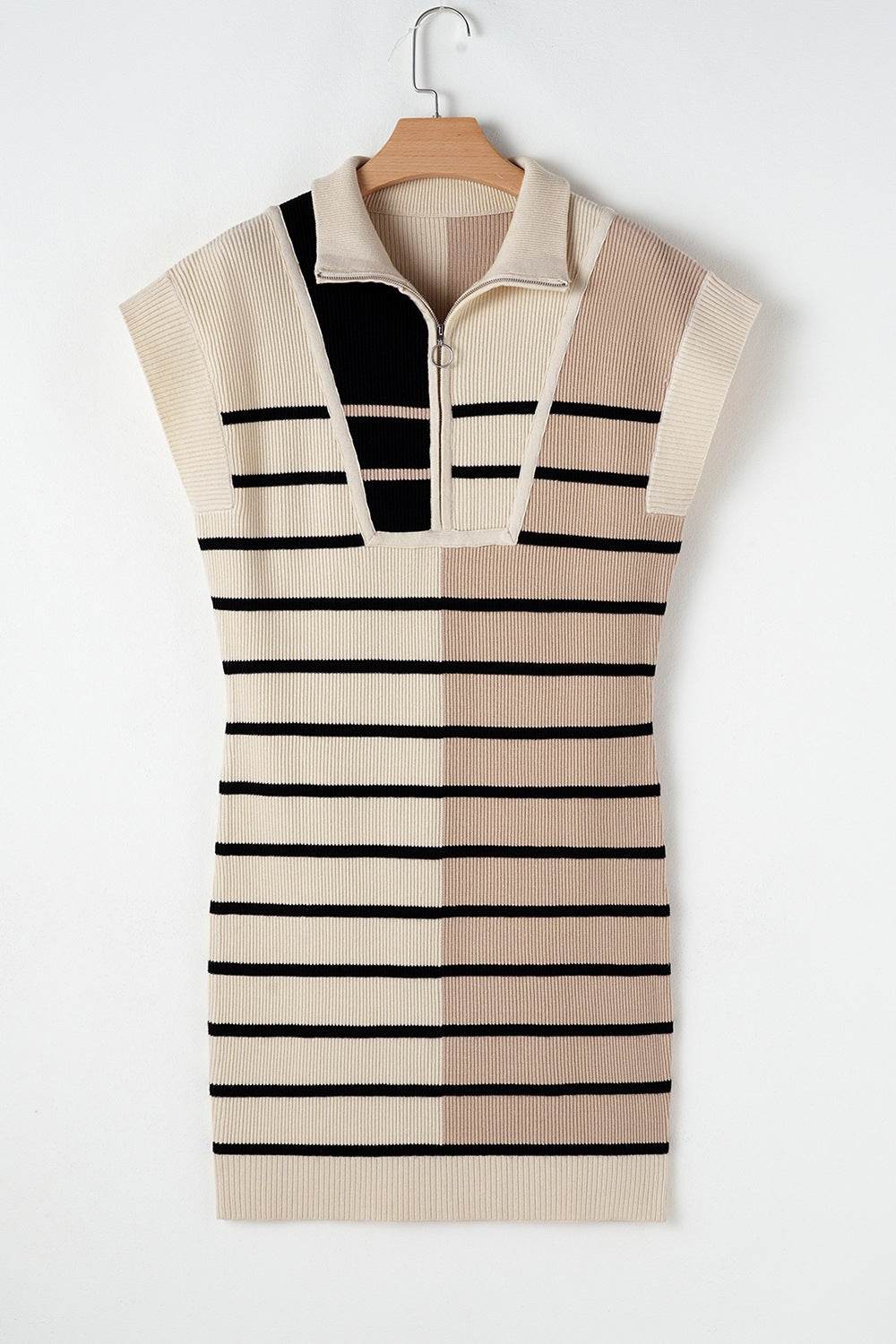 Striped Quarter Zip Cap Sleeve Sweater Dress - Amexza