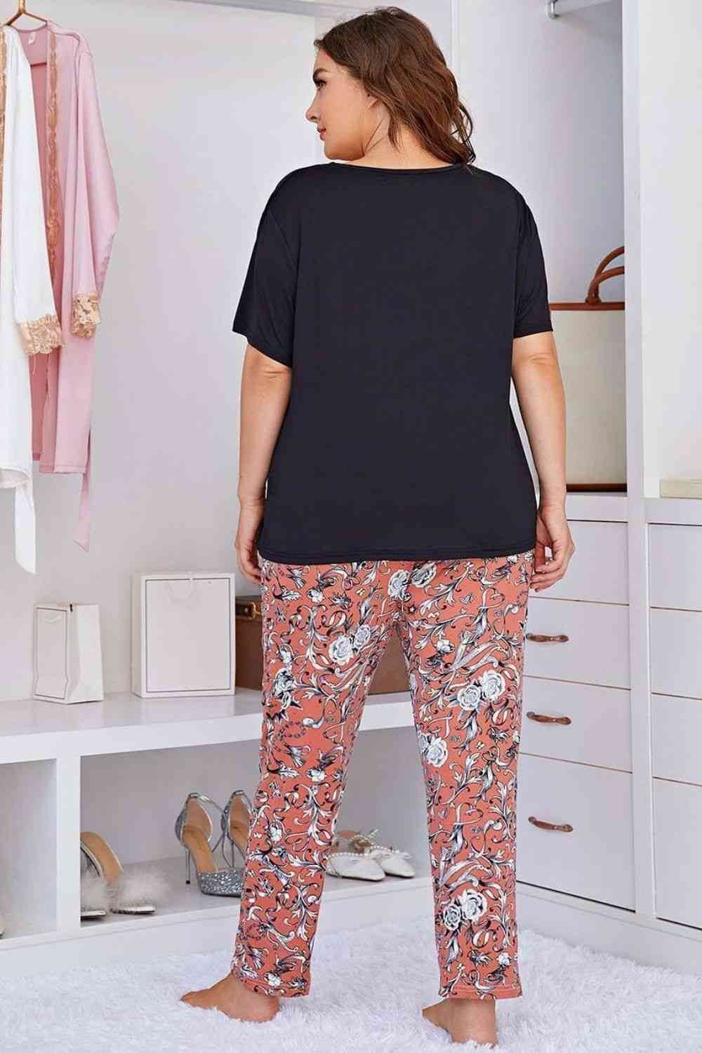 Plus Size Contrast Round Neck Tee and Floral Pants Lounge Set for a perfect OOTD – dress to impress outfits from Amexza