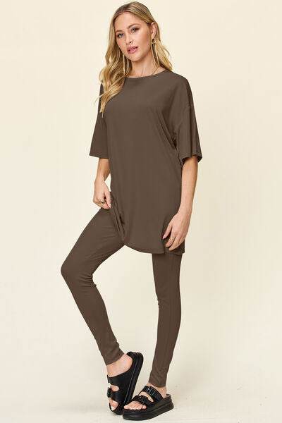 Double Take Full Size Round Neck Dropped Shoulder T-Shirt and Leggings Set Mocha for a perfect OOTD – dress to impress outfits from Amexza