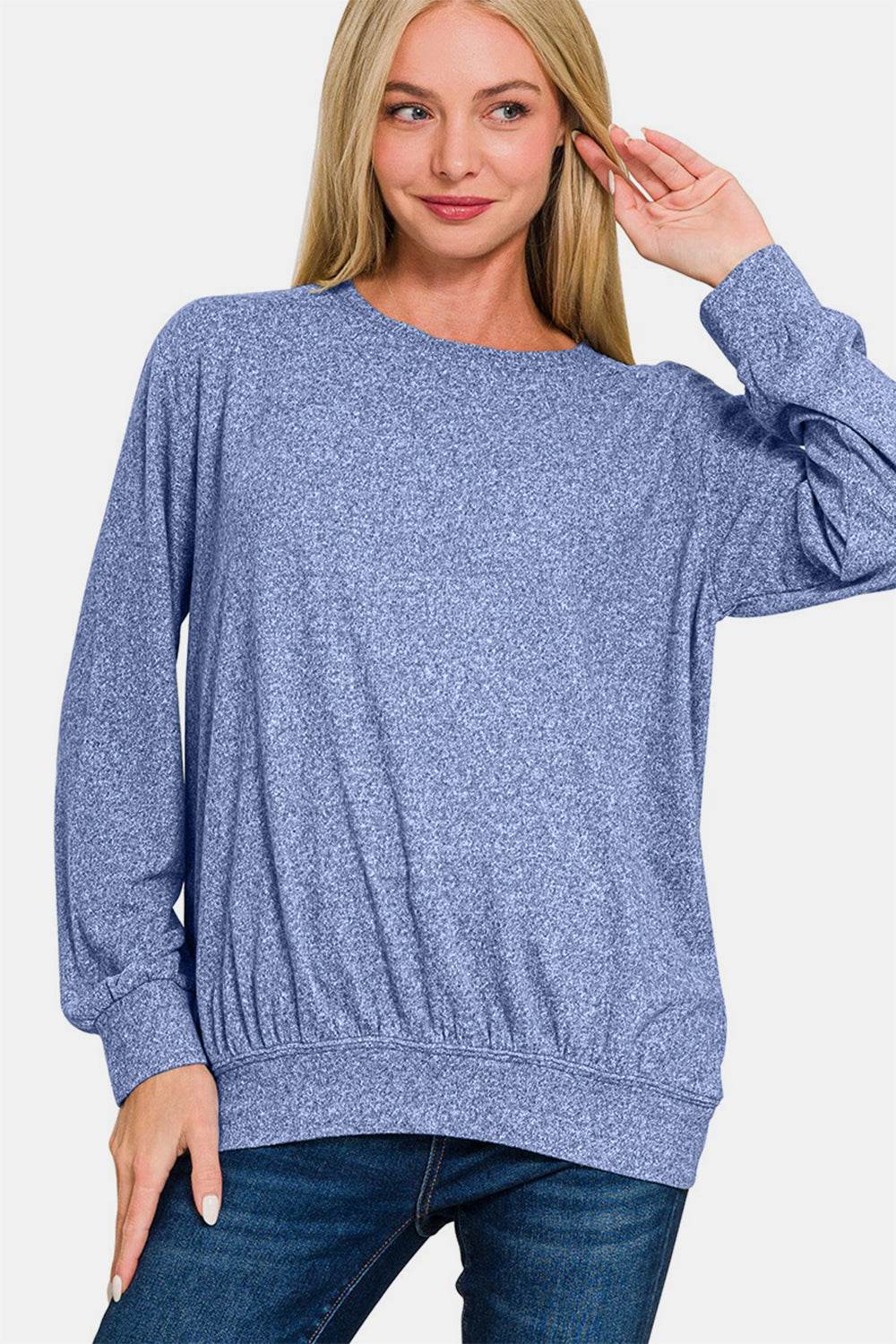 Zenana Full Size Melange Round Neck Top - Amexza