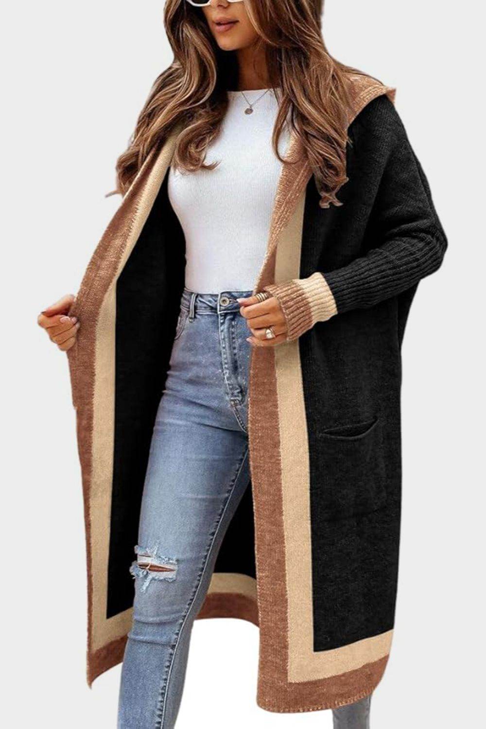 Pocketed Contrast Long Sleeve Hooded Cardigan for a perfect OOTD – dress to impress outfits from Amexza