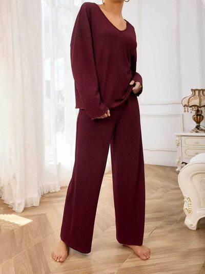 V-Neck Long Sleeve Top and Wide Leg Pants Set - Amexza