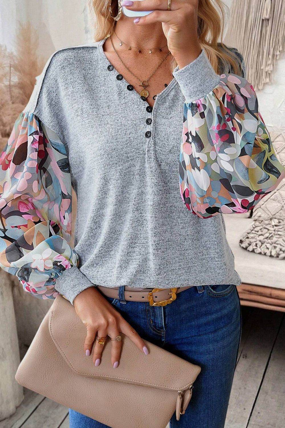 Printed Lantern Sleeve Buttoned V Neck Top Light Gray for a perfect OOTD – dress to impress outfits from Amexza