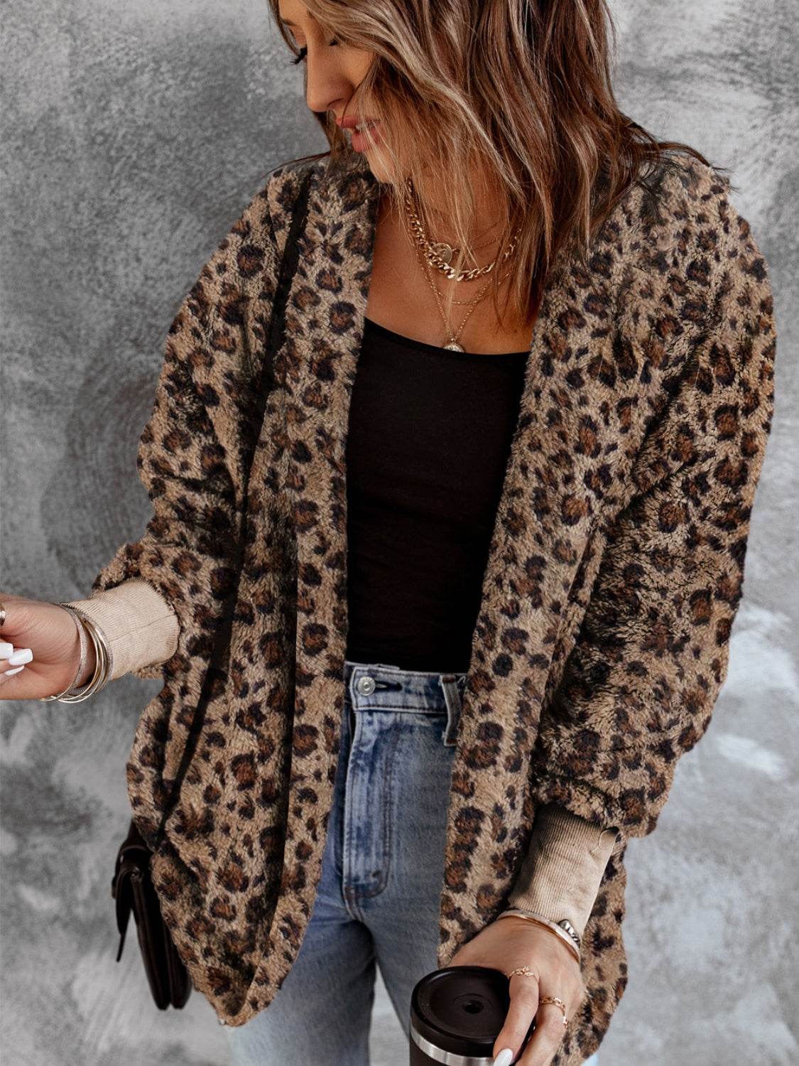 Fuzzy Leopard Long Sleeve Hooded Jacket Leopard for a perfect OOTD – dress to impress outfits from Amexza