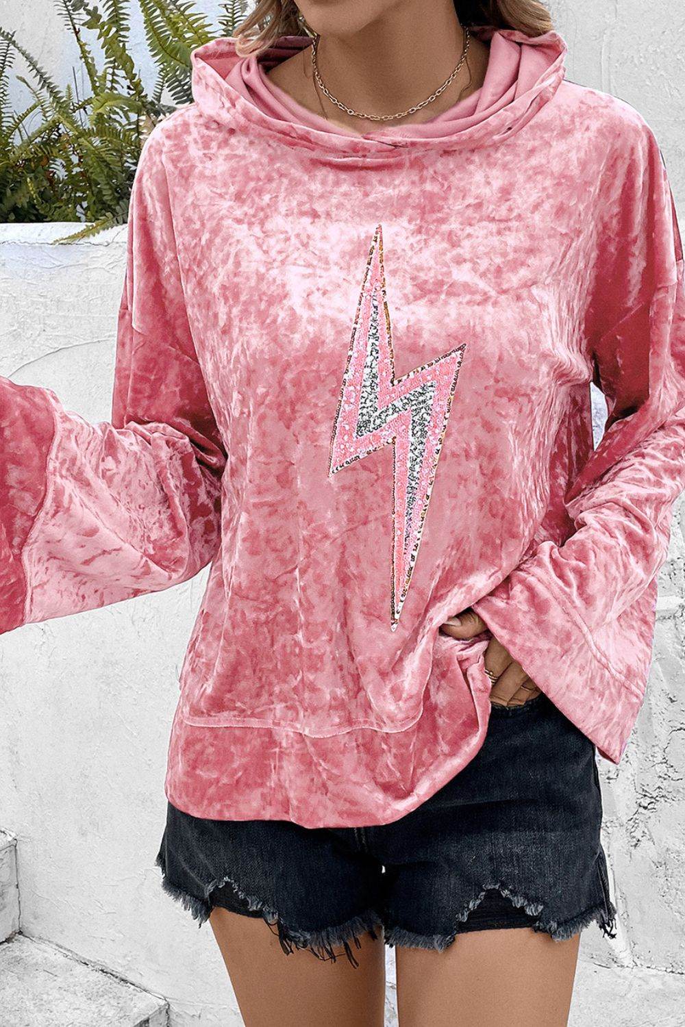 Thunderbolt Sequin Long Sleeve Hoodie Pink for a perfect OOTD – dress to impress outfits from Amexza