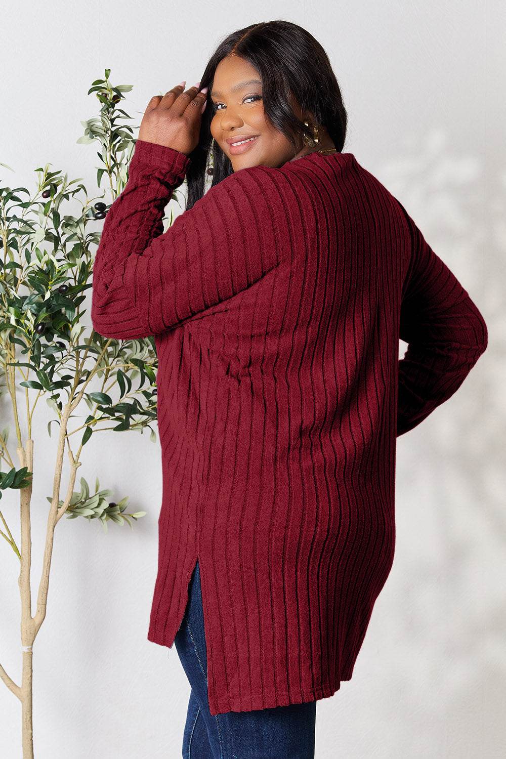 Basic Bae Full Size Ribbed Round Neck Long Sleeve Slit Top Burgundy for a perfect OOTD – dress to impress outfits from Amexza