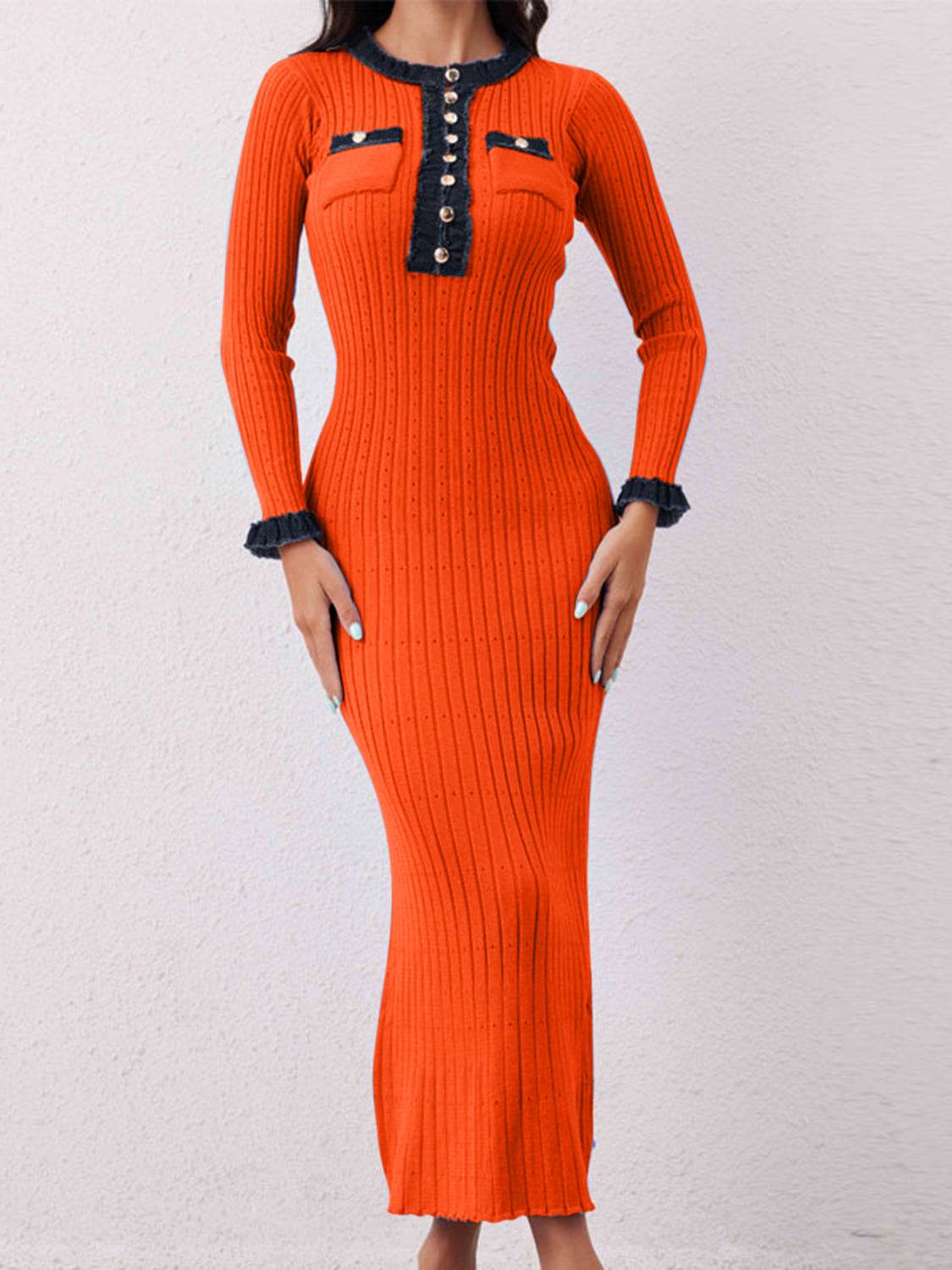 Contrast Trim Round Neck Long Sleeve Sweater Dress Orange-Red One Size for a perfect OOTD – dress to impress outfits from Amexza