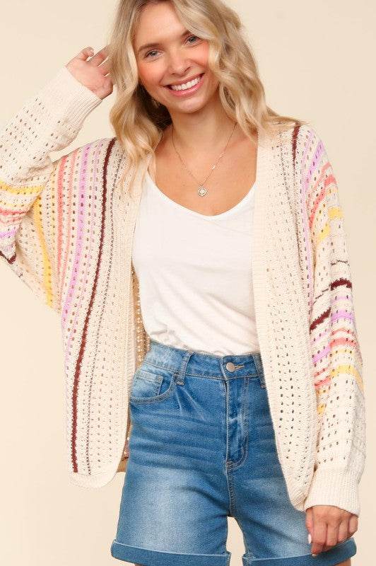 Haptics Full Size Striped Crochet Open Front Cardigan for a perfect OOTD – dress to impress outfits from Amexza