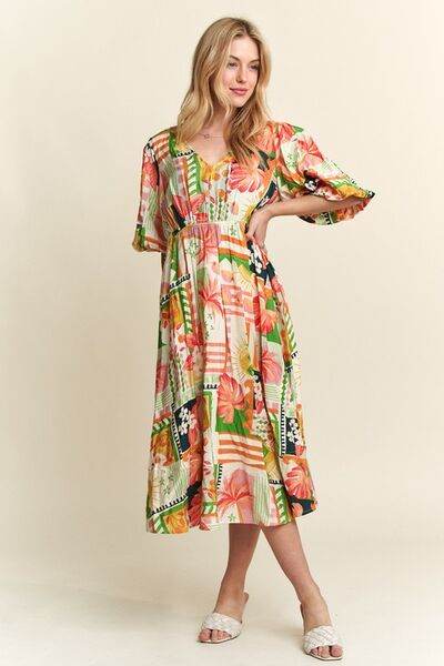 ADORA Floral V-Neck Puff Sleeve Midi Dress for a perfect OOTD – dress to impress outfits from Amexza