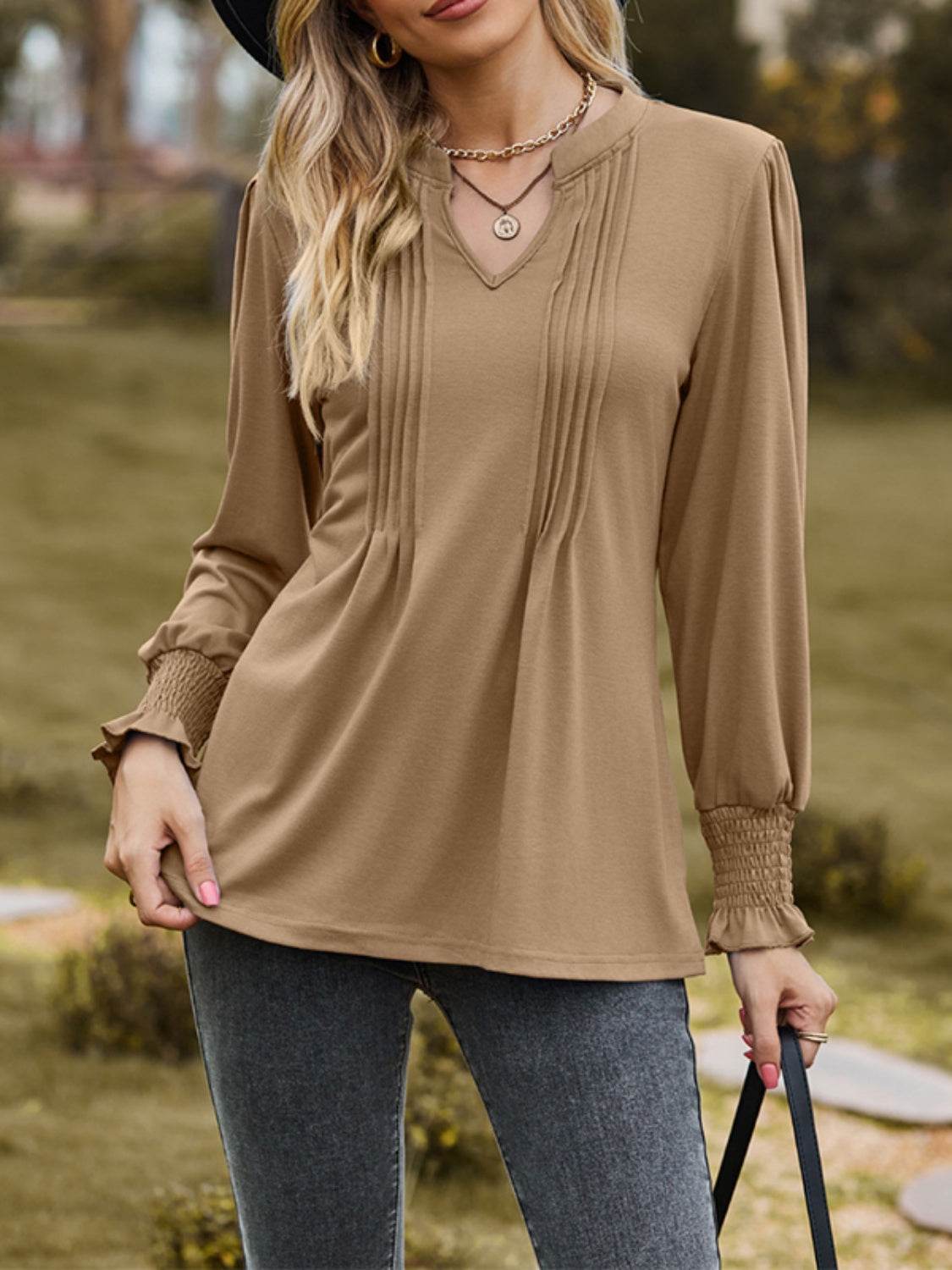 Ruched Notched Long Sleeve T-Shirt Camel for a perfect OOTD – dress to impress outfits from Amexza