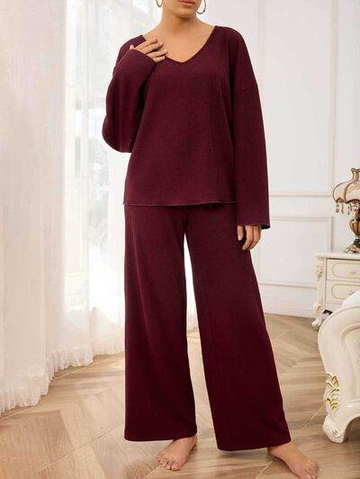 V-Neck Long Sleeve Top and Wide Leg Pants Set - Amexza