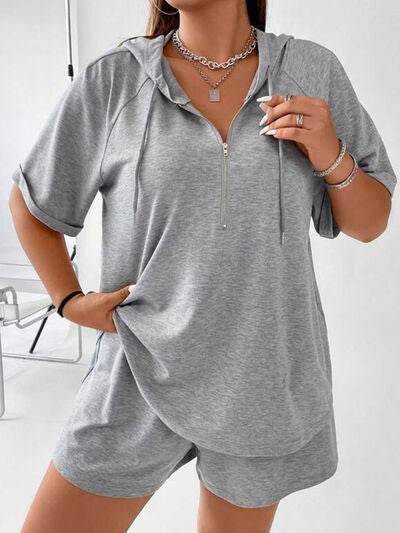 Full Size Drawstring Half Zip Hooded Top and Shorts Set Plus Size Gray for a perfect OOTD – dress to impress outfits from Amexza