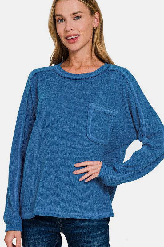 Zenana Full Size Contrast Stitching Brushed Ribbed Hacci Knit Top Plus Size Royal Blue for a perfect OOTD – dress to impress outfits from Amexza