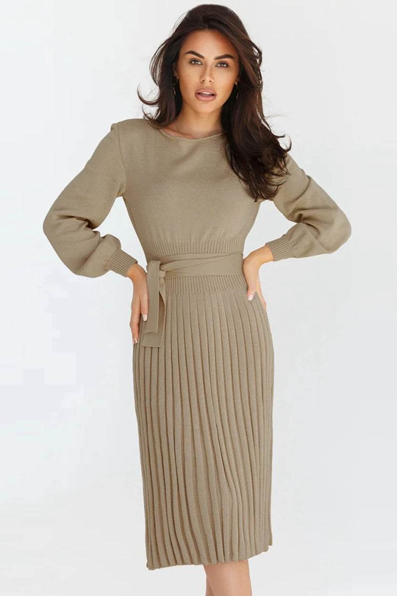 Round Neck Long Sleeve Pleated Sweater Dress Khaki for a perfect OOTD – dress to impress outfits from Amexza