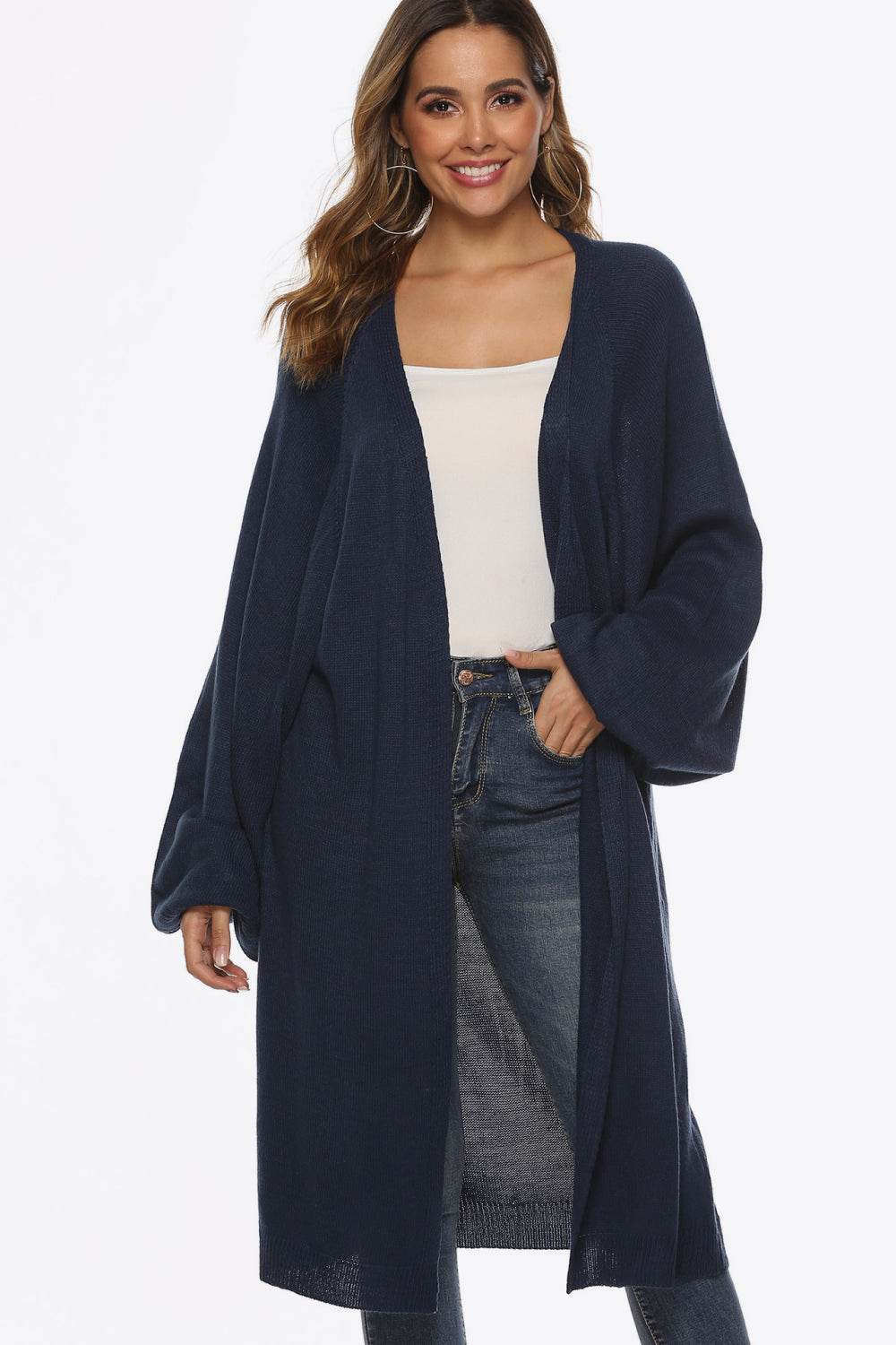 Long Sleeve Open Front Cardigan Dark Blue for a perfect OOTD – dress to impress outfits from Amexza