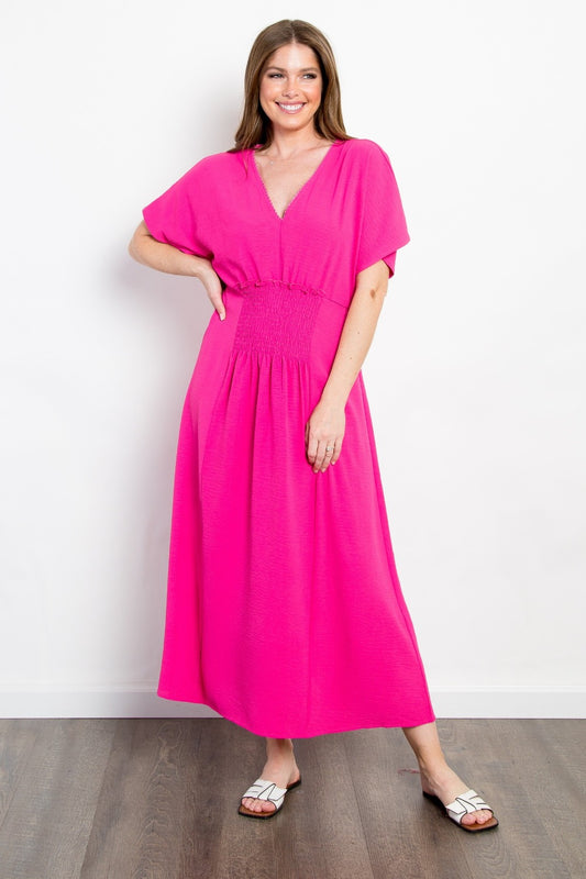 Be Stage Full Size Shirred Front Short Sleeve Maxi Dress - Fuchsia / S