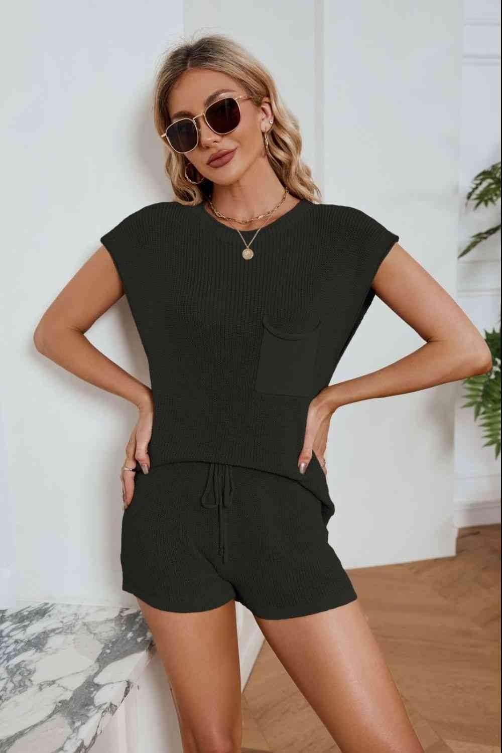 Round Neck Knit Top and Drawstring Shorts Set Black for a perfect OOTD – dress to impress outfits from Amexza