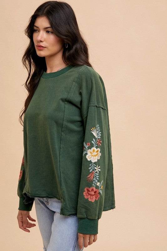 Annie Wear Embroidered Long Sleeve French Terry Top for a perfect OOTD – dress to impress outfits from Amexza