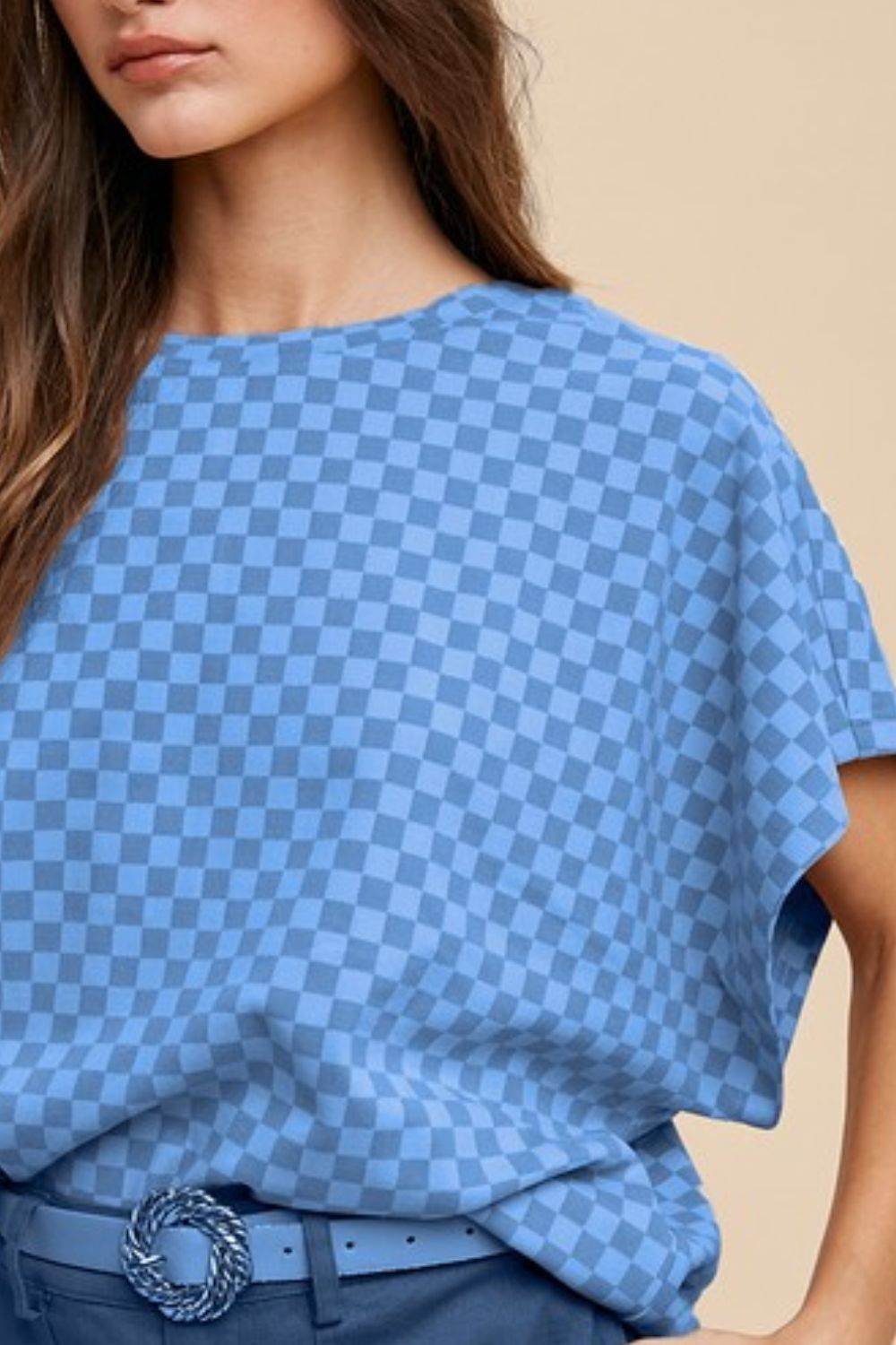 Annie Wear Checkered Round Neck Short Sleeve T-Shirt - Amexza