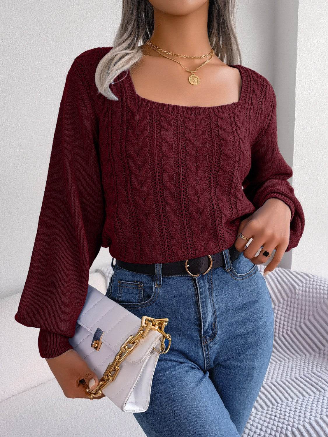 Cable-Knit Square Neck Long Sleeve Sweater Wine for a perfect OOTD – dress to impress outfits from Amexza