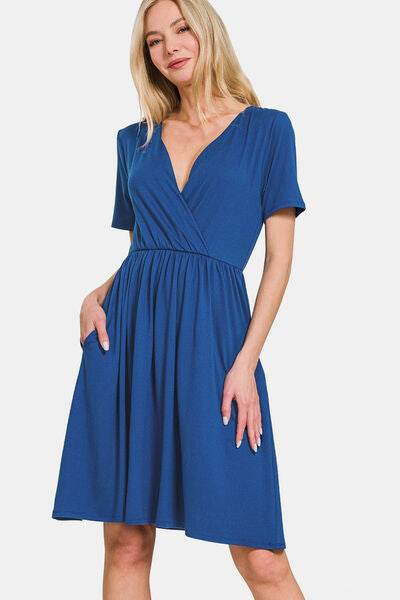 Zenana Surplice Short Sleeve Brushed DTY Dress Navy for a perfect OOTD – dress to impress outfits from Amexza