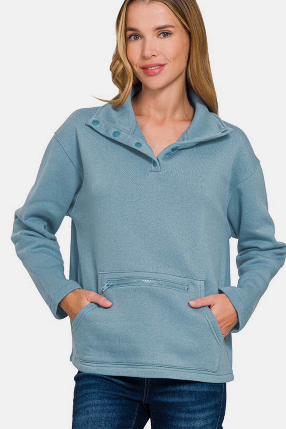 Zenana Turtleneck Half Snap Fleece Sweatshirt Air Force Blue for a perfect OOTD – dress to impress outfits from Amexza