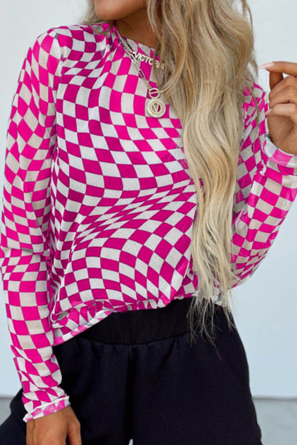 Checkered Mock Neck Long Sleeve Blouse Hot Pink for a perfect OOTD – dress to impress outfits from Amexza